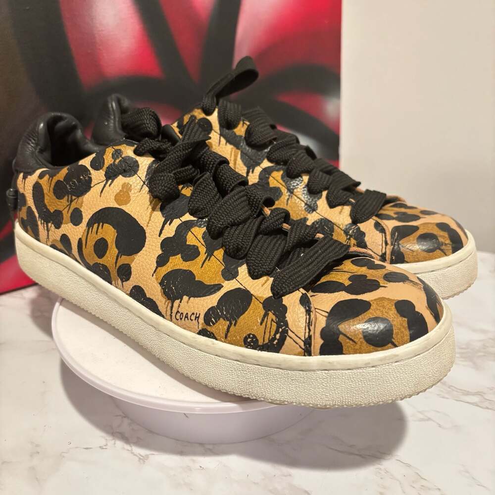 Coach High Line Wild Beast Leopard Print Pebble Leather Low Top Sneakers Sz 8.5 - Picture 3 of 14